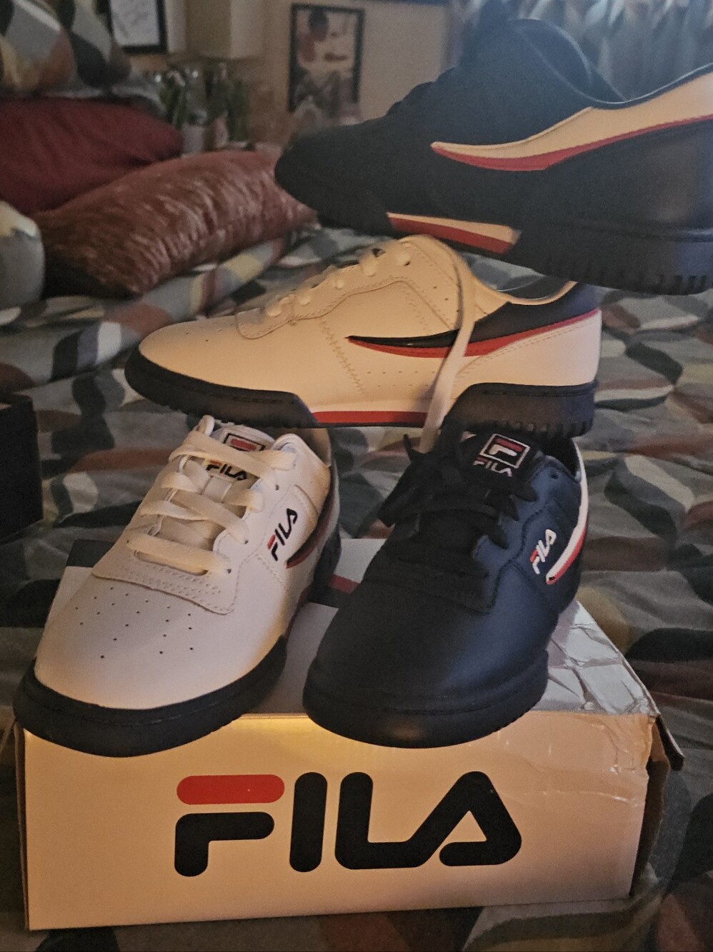 FILA Low-Top Sneakers in White, Black & Red Trim